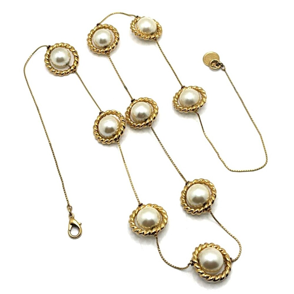 Vintage Anne Klein Faux Pearl Gold Tone Station Necklace 1980s Statement 32"